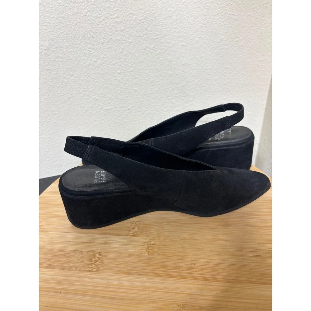 Eileen Fisher Wedges 8 Slingback Black Nubuck Pointed Toe V-Neck Pumps